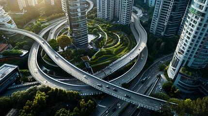 An urban highway surrounded by contemporary architecture, with unique building designs and green spaces.
