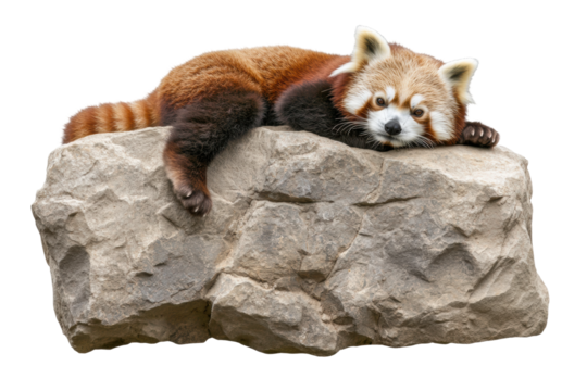 Red panda resting peacefully on a rock, cut out