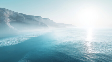 Naklejka premium serene coastal landscape with misty cliffs and calm ocean under bright sun, creating tranquil atmosphere. sunlight reflects on water, enhancing peaceful scene