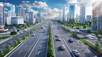 Fototapeta premium An urban highway with multiple lanes, surrounded by modern office buildings, residential towers, and city parks.