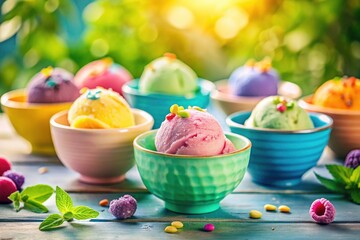 Whimsical pastel ice cream bowls form dreamy landscapes in captivating photographs.