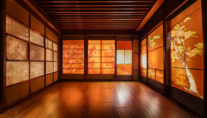 Fototapeta premium multiple digital orange transparent screens displaying data and information are mounted on a wall in a modern japanese room with wooden panels and soft lighting blending technology and tradition