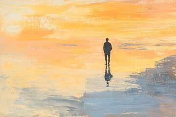 Solitary figure standing on beach at sunset, free area.