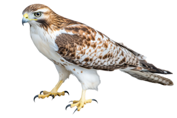Red tailed hawk perched with sharp claws visible, cut out