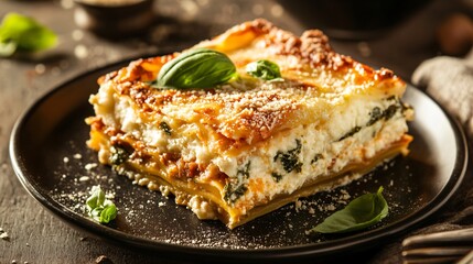 Italian pie and mash fusion, with a lasagna-inspired layered filling, parmesan-dusted mash, and a basil garnish