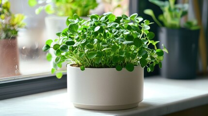Fototapeta premium A vibrant green plant in a minimalist white pot on a windowsill