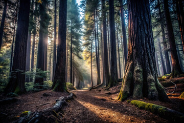 Fototapeta premium forest, trees, tree, nature, autumn, woods, landscape, light, sun, misty, green, path, pine, mist, wood, park, fog, sunlight