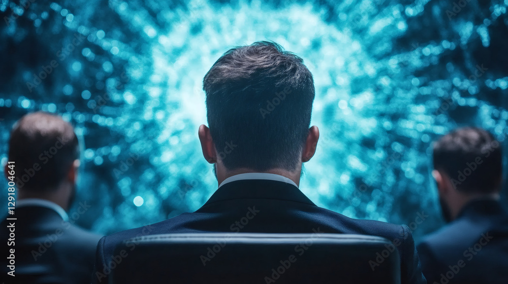 Aufkleber Businessmen sitting and watching holographic projection of binary code network, big data and machine learning concept