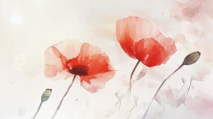 Vibrant red poppies bloom against a soft pastel background, showcasing their delicate petals and slender stems in a tranquil and artistic display