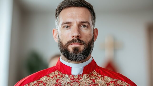 Priest, serious face, church, blurred background, religious portrait