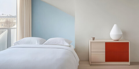 Modern bedroom with light decor and minimalist furniture in a bright space
