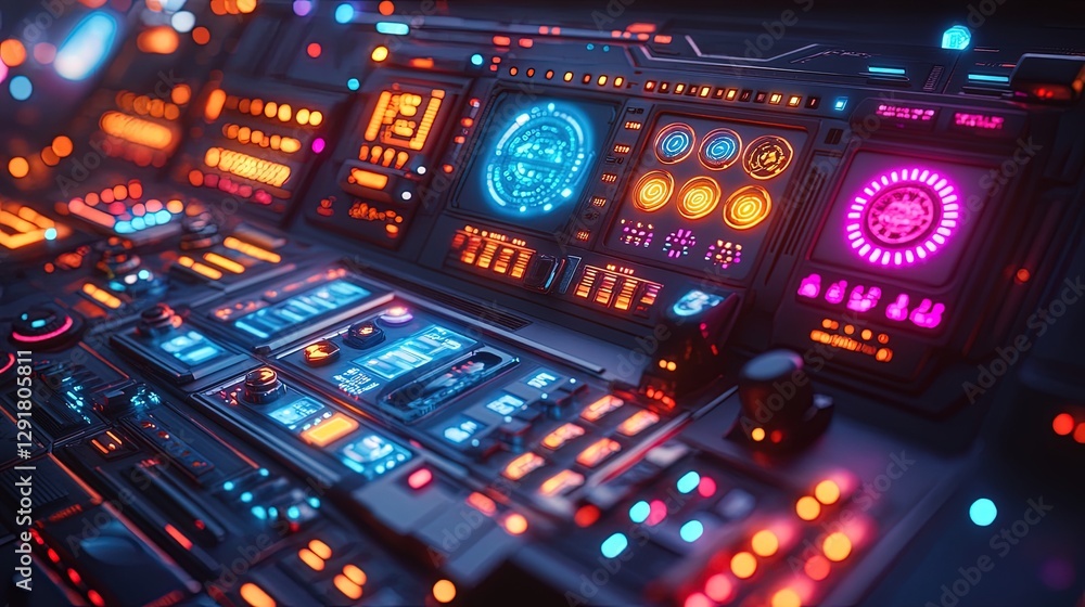Poster vibrant retrofuturistic control panel with glowing buttons, knobs, and analog screens