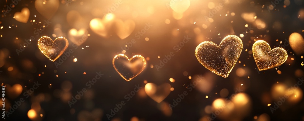 Poster golden hearts floating in a background of shimmering light create a romantic and magical atmosphere 