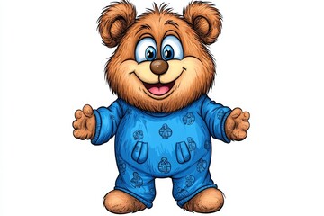 Fototapeta premium a 2D cartoon illustration of a teddy bear in pajamas getting ready for bed, cozy and cute, white background
