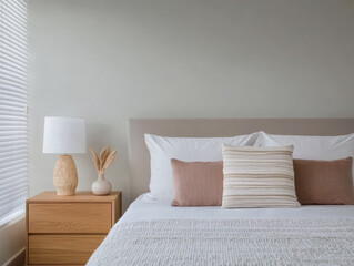 Stylish bedroom with a cozy bed and modern decor featuring natural elements