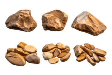 Collection of brown rocks and pebbles on the beach, cut out