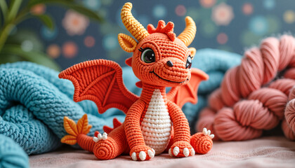A charming crochet amigurumi dragon sits among vibrant yarn skeins on a cozy sofa with a magical fantasy background. Perfect for handmade shops, knitting magazines, children's or craft publications.