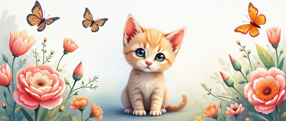 Children drawing with colored pencils - cute kitten, flowers and butterflies around