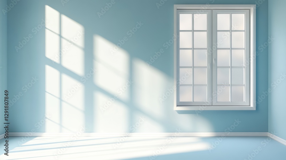 Poster bright and airy empty room with blue walls and a large window allowing natural light to stream in se
