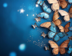 magic butterflies on a blue background copy space