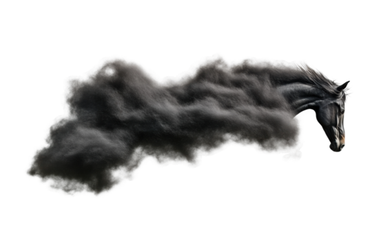 Black horse running with flowing mane and motion, cut out