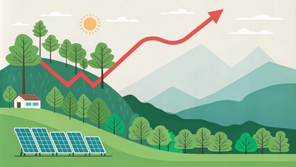 Graphical overlay of declining carbon levels with thriving forests and renewable energy infrastructure, symbolizing net zero success.