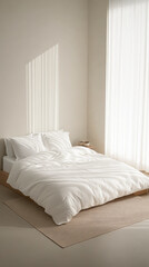 Bright and cozy bedroom featuring a white bed and soft light from a large window