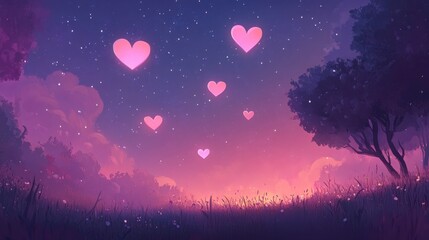 Fototapeta premium Enchanting Night Landscape with Glowing Hearts and Pastel Sky, fantasy