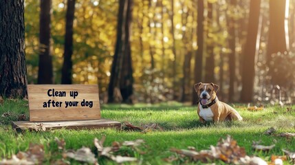 Dog in park with clean up reminder sign in autumn forest setting