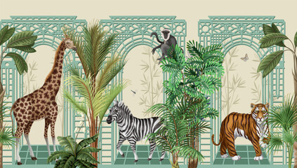 Border with architectural arch, portal, animals and tropic trees. Vector. © Yumeee