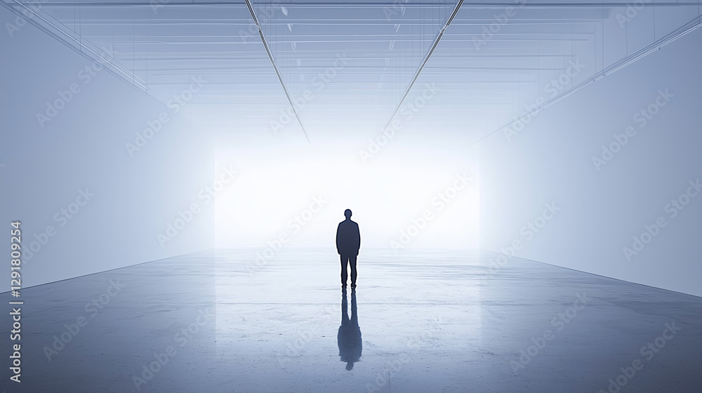 Poster person stands alone in vast, empty, and bright space, creating sense of solitude and introspection. 
