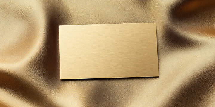 Golden Metal Card on Silk Fabric, Flat Lay.  Luxe invitation card or business card layout.  Abstract design element for presentations and marketing.