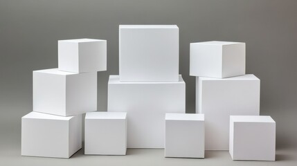 A collection of white geometric boxes arranged artistically against a neutral background