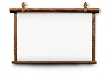 Traditional scroll, vertical white paper framed by smooth walnut wood.