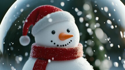 snowman in snow globe wearing red scarf and santa hat