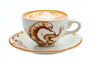 Cappuccino with latte art isolated on white background.