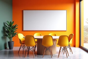 Modern Meeting Room with Bright Yellow Chairs and Orange Walls