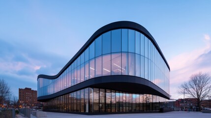 Obraz premium modern glass building at dusk