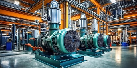 Fototapeta premium A photograph of large green and blue water pumps, equipment in an industrial building with high ceilings, surrounded by pipes and other machinery. 