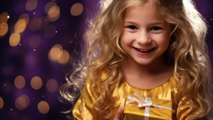 Little girl holding gift box. A pleasant surprise for a birthday, Christmas, holiday.