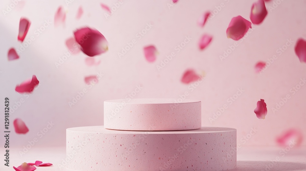 Poster beautiful pink cosmetic container surrounded by floating rose petals in a soft pastel setting, creat