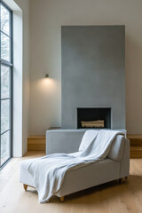 Cozy interior lounging area with a modern chaise lounge and fireplace