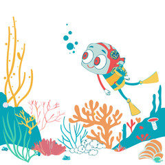 Colorful cartoon fish characters in a lively underwater scene, perfect for kids and aquatic-themed designs.