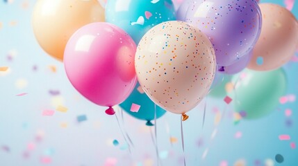 Pastel balloons and confetti on a light blue background. (3)