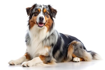 Fototapeta premium Australian Shepherd Dog Lying Down on White Background