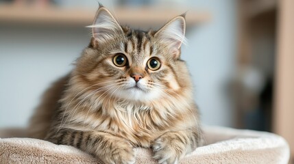 Promoting pet wellness through nutrition and grooming Fluffy cat resting on a soft surface, looking curiously at the camera.