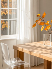 Sunlight streaming through window onto wooden table with autumn leaves in a vase
