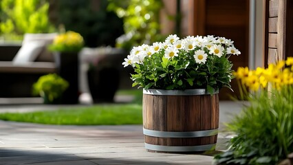 A wooden barrel planter filled with white daisies, set against a lush garden background with greenery and colorful flowers. Concept Wooden Barrel Planter, White Daisies, Lush Garden Background