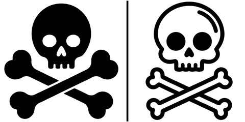 Two skull and crossbones icons vector, one solid black and one outlined, separated by a vertical line.