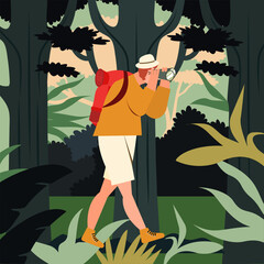 Explorer hiking, travelling with backpack, explorer in jungle, vector illustration